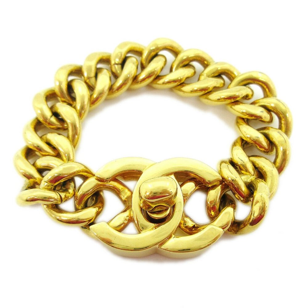 Authentic CHANEL CC Logos Turnlock Motif Charm Gold Chain Bracelet